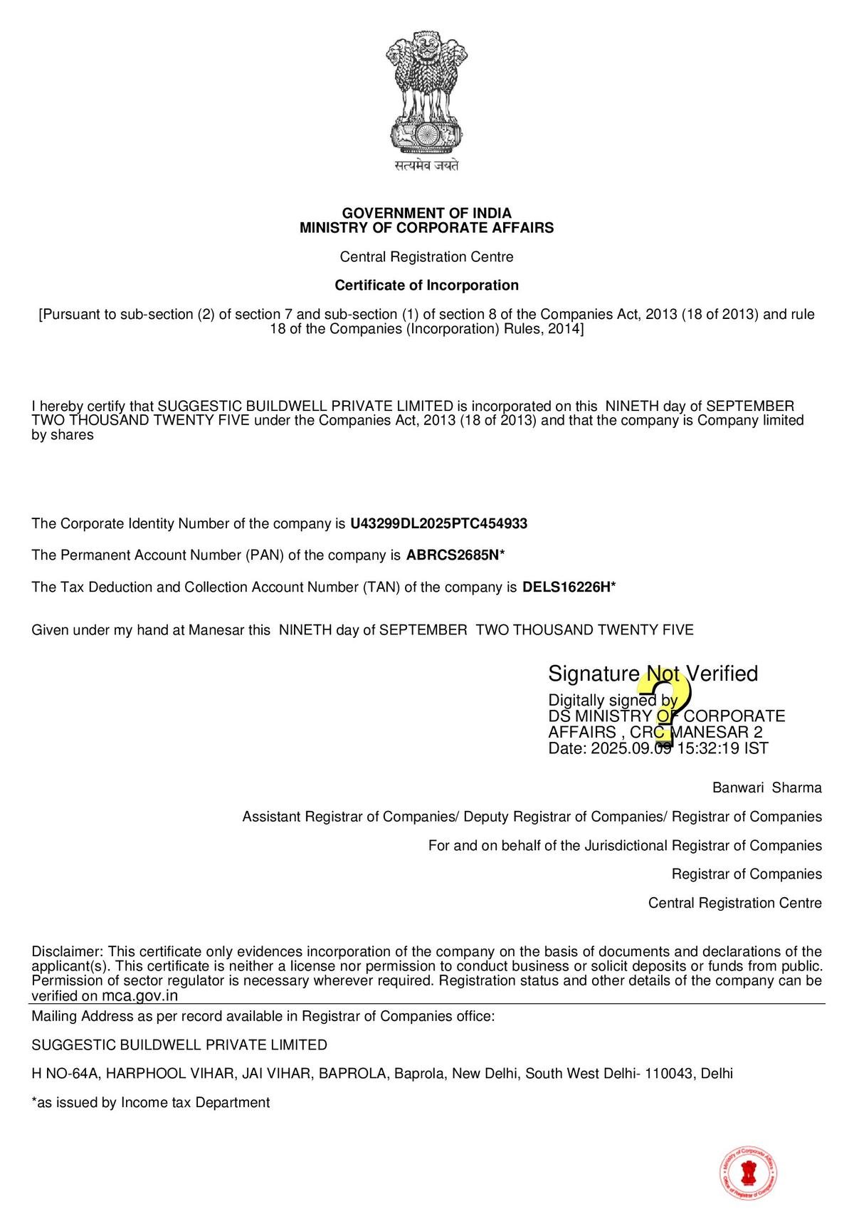 Suggestic Buildwell company certificate